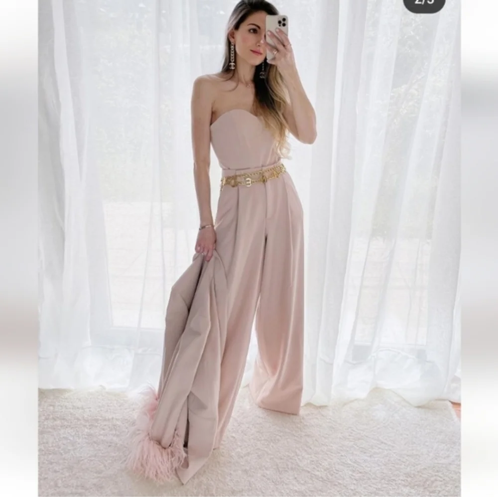 Zara 2 Pc Set Wide Leg Pants & Bustier Corset Top Beige Pink Size S